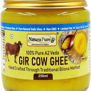 NATURAPURE LS 100% Pure A2 Desi Gir Cow Ghee - Made By Traditional Bilona Method 250ml (Glass Bottle).