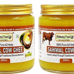 NATURAPURE LS 100% Pure A2 Desi Sahiwal Cow Ghee - Made By Traditional Bilona Method 250ml Glass Bottle (Pack Of 2).