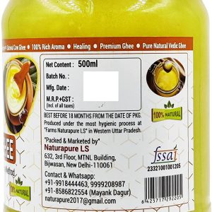 NATURAPURE LS 100% Pure A2 Desi Sahiwal Cow Ghee - Made By Traditional Bilona Method 500ml Glass Bottle (Pack Of 2). Front