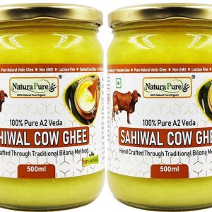 NATURAPURE LS 100% Pure A2 Desi Sahiwal Cow Ghee - Made By Traditional Bilona Method 500ml Glass Bottle (Pack Of 2).