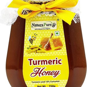 NATURAPURE LS - Raw 100% Pure Natural (ISO Certified) Turmeric Infused Forest Honey-Delicious and Ant-oxidant honey to fight inflammation (Glass Bottle) 250Grams. Front