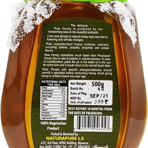 NATURAPURE LS - Raw Natural Unprocessed 100% Pure (ISO Certified) Acacia Flower Honey Delicious honey From Acacia Flowers (Glass Bottle) 500Grams. Back