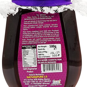 NATURAPURE LS - Raw Natural Unprocessed 100% Pure (ISO Certified) Jamun Flower Honey Delicious honey From Jamun Flowers (Glass Bottle) 500Gram. Back